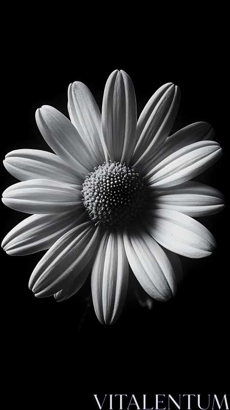 Black and white daisy close up on dark background.
