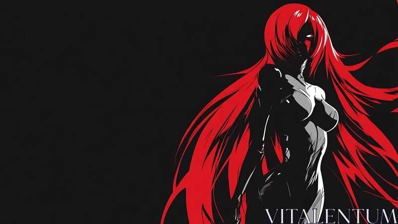 High-contrast anime silhouette with dynamic red hair flow.