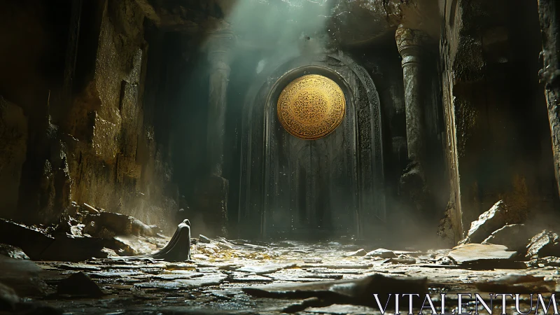 Cloaked figure approaches illuminated ornate circular portal in ruin