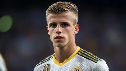 Male soccer player in white jersey during match, close-up.