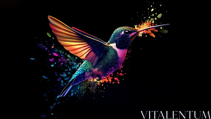 Neon hummingbird burst with iridescent splatter on black.