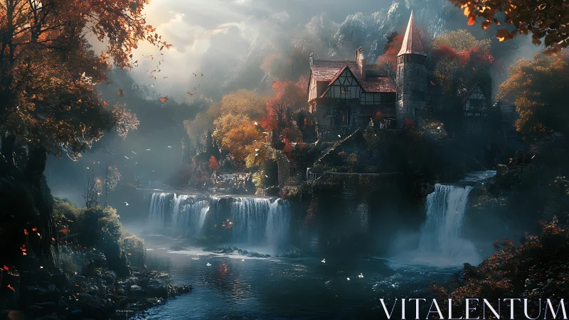 Fantasy riverside manor amid cascading mist and autumn forest.