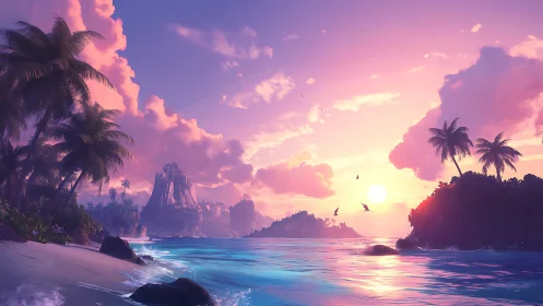 Tropical Island Sunset with Rocky Formations and Palm Trees.