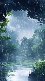 Rain-carved jungle pond hums quietly under silver curtains