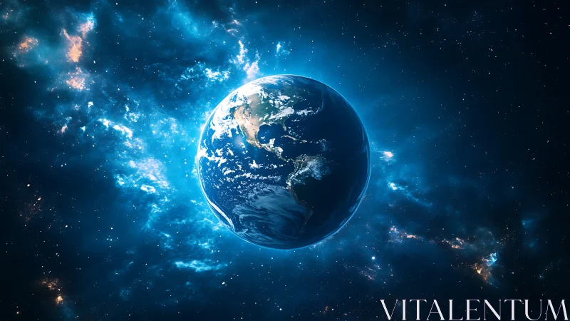 Planet Earth illuminated in deep blue galactic nebula glow.