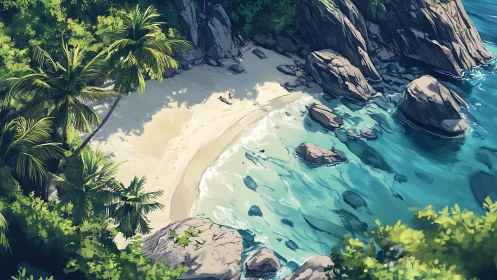 Coastal Beach Cove with Rocky Outcrops and Tropical Vegetation