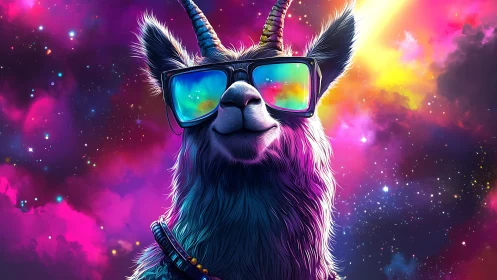 Chromatic space-llama with reflective visor optics, frontal.