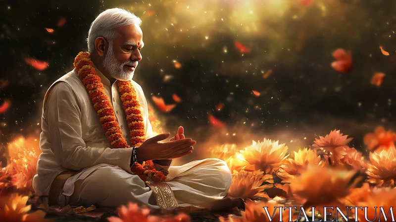 Elderly man in garland meditates amid glowing orange flowers