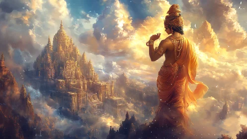 Golden deity gazes over a radiant celestial temple city