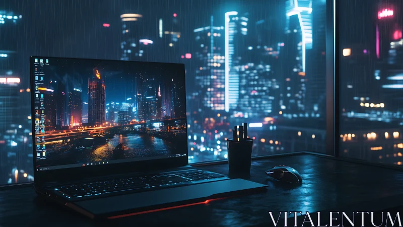 Sleek laptop workspace facing neon city skyline at night.