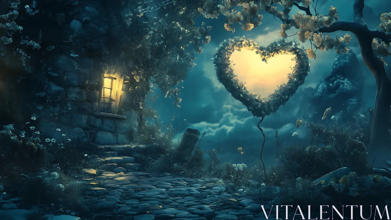 Magical Heart-Shaped Portal in Moonlit Forest Ruins