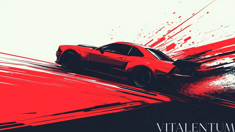 Red sports car skids across abstract red and black streaks