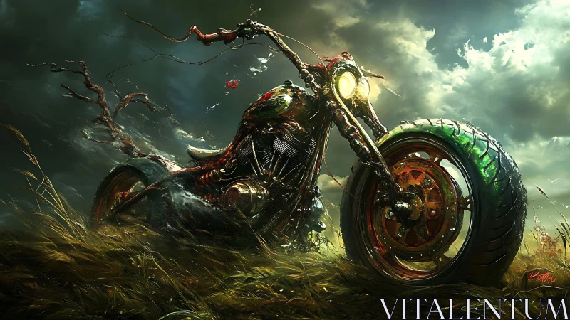 Wild nature-forged motorcycle roaring through stormlight.