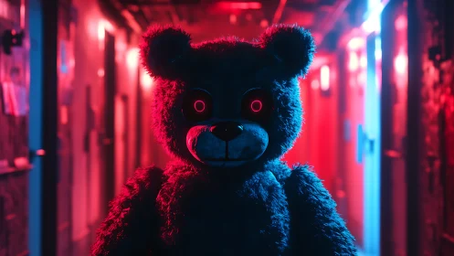 Cyberpunk corridor bear with neon-lit animatronic detailing.