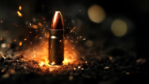 Single handgun cartridge upright with surrounding sparks glow.