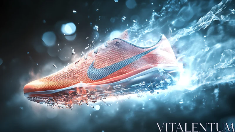 Orange running shoe slices through water in dynamic motion.