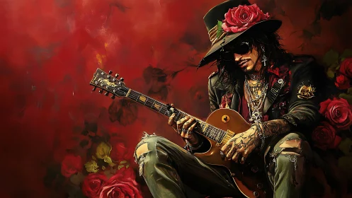 Rose-crowned rock guitarist against vivid crimson bloom field.