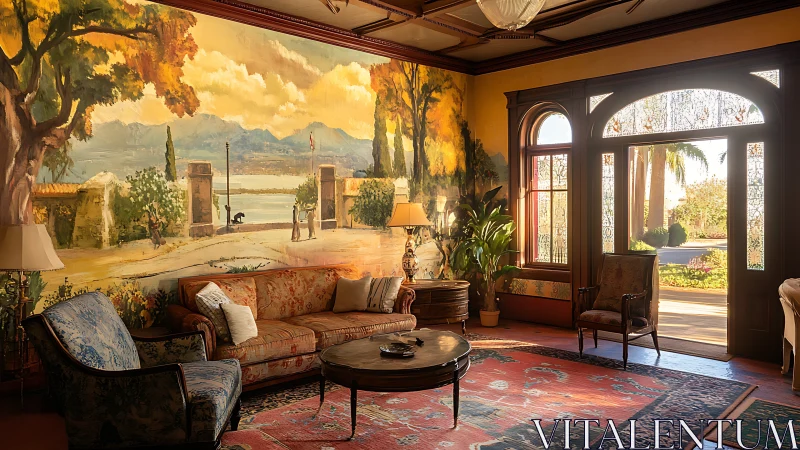 Sunlit salon with panoramic Tuscan-style landscape mural.