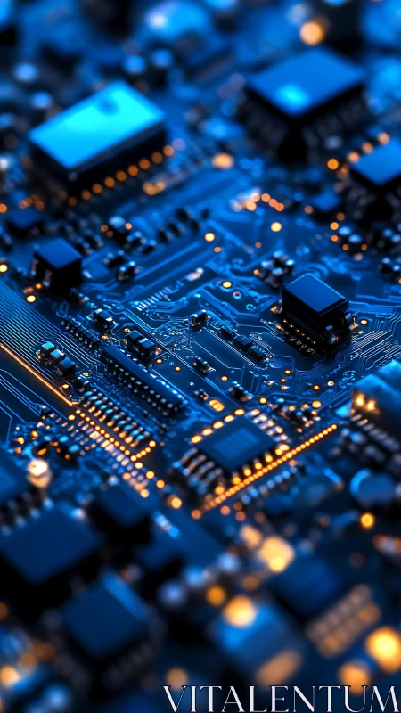 Blue illuminated circuit board with electronic components.