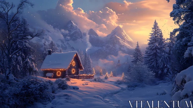 Snow-covered cabin stands before illuminated alpine mountains