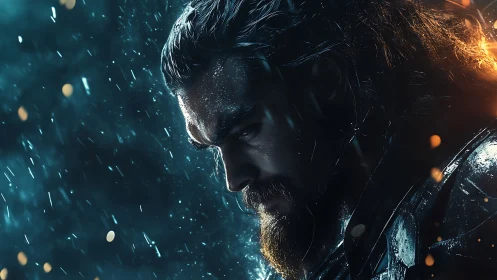 Cinematic warrior portrait in rain with dramatic rim lighting.