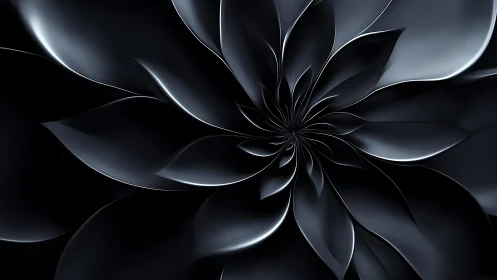 Abstract metallic black flower in digital 3D art style.