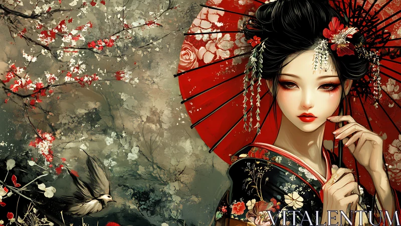 Geisha figure with red parasol and floral background in profile.