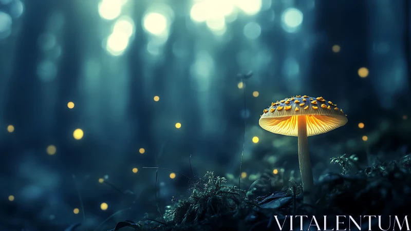 Luminous forest mushroom crowned by drifting firefly stars.