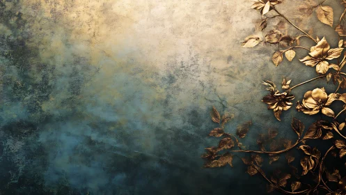 Textured teal wall with embossed golden floral relief pattern.