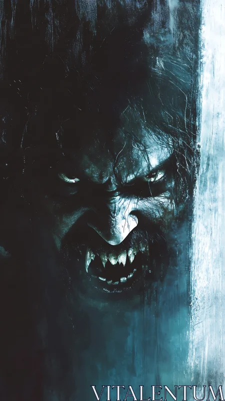 Monochrome digital rendering depicts a feral humanoid face