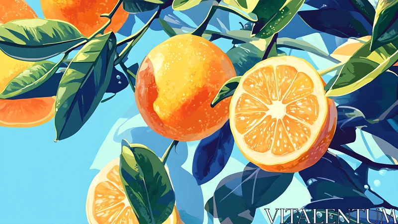 Orange tree branches with sliced fruit in sunlight.