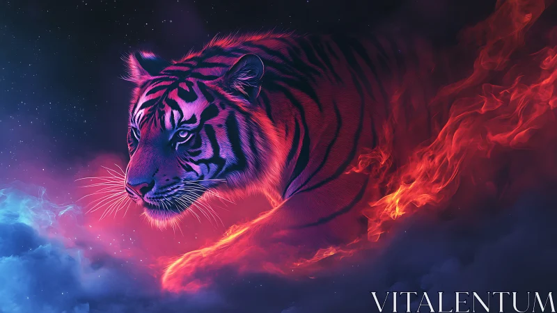 Neon lit tiger head with fiery body against cosmic sky.