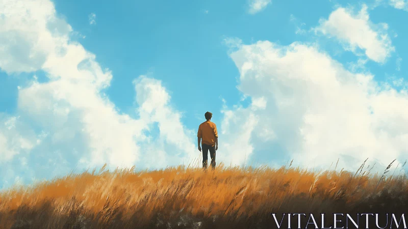 Solitary figure standing on grassy hill under open sky.