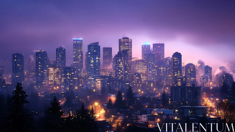 Neon dusk skyline wrapped in violet fog and quiet glow.
