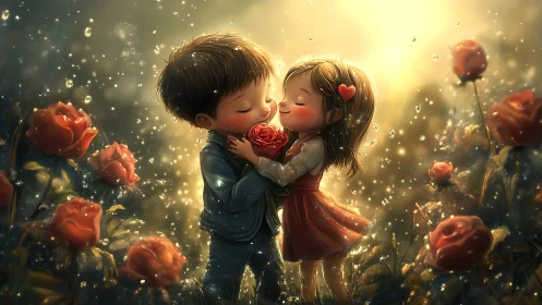 Boy and Girl Sharing a Rose in Golden Bloom.