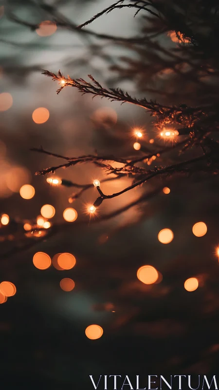 Warm fairy lights glowing on evergreen branches at dusk.
