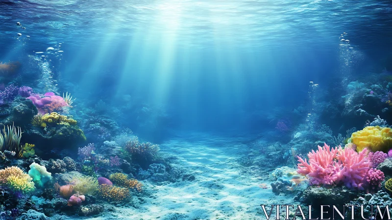 Sunlit coral reef floor stretches beneath clear blue water
