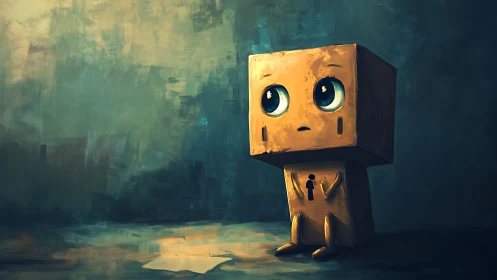 Box-headed character gazes sadly into painted twilight space.