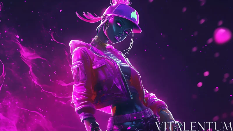 Neon-masked street avatar stands in glowing cyber haze.