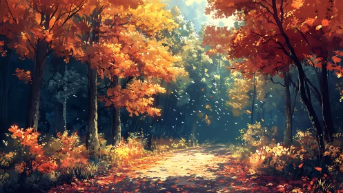 Autumnal Forest Path with Luminous Canopy and Falling Foliage