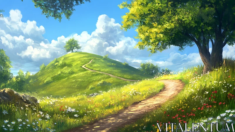 Sunlit hillside path winding through wildflower meadow.