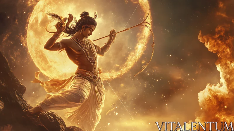 Divine archer poised before a blazing celestial moon