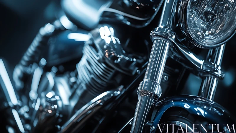 Chrome motorcycle details glow softly in cool studio light