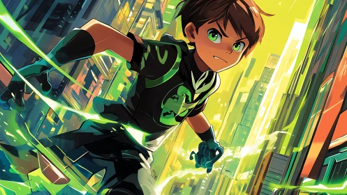 Young hero sprints through neon city in energized pursuit.
