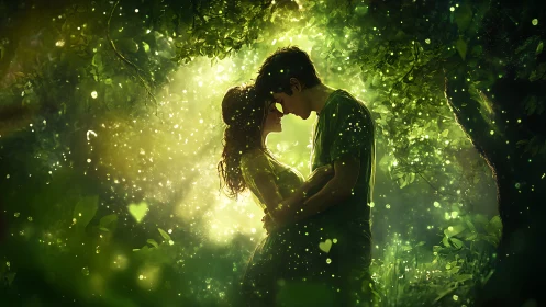 Enchanted Forest Kiss: Luminous Couple Surrounded by Magical Firelight
