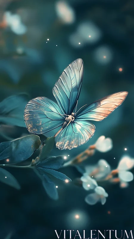 Butterfly with translucent wings rests on foliage at dusk