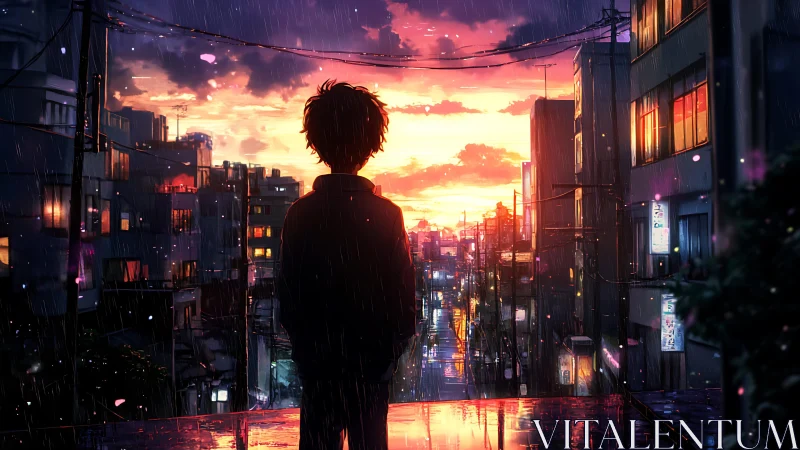 Solitary anime figure overlooks neon city at rainy sunset.