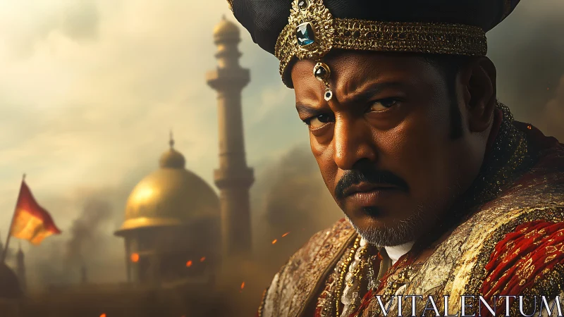 Warrior king portrait before domed palace at dusk.