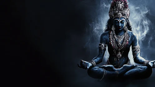 Blue multi-armed deity in seated meditative posture at center.