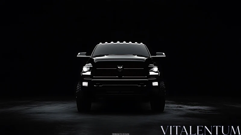 Pickup truck front view is illuminated against dark background